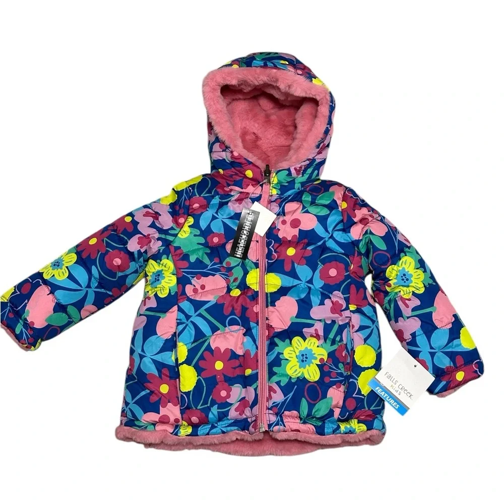 Falls Creek Girls 2T Toddler Reversible Puffer Jacket Coat Faux Fur Flowers Hood - Picture 4 of 9